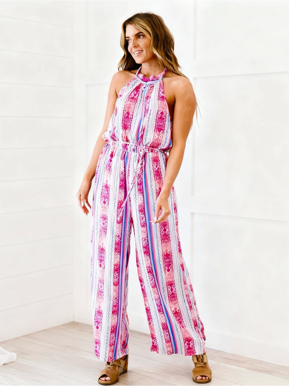 Savanna Jane Women's Halter Jumpsuit Plus Size 1X Boho Tropical Resortwear Pink